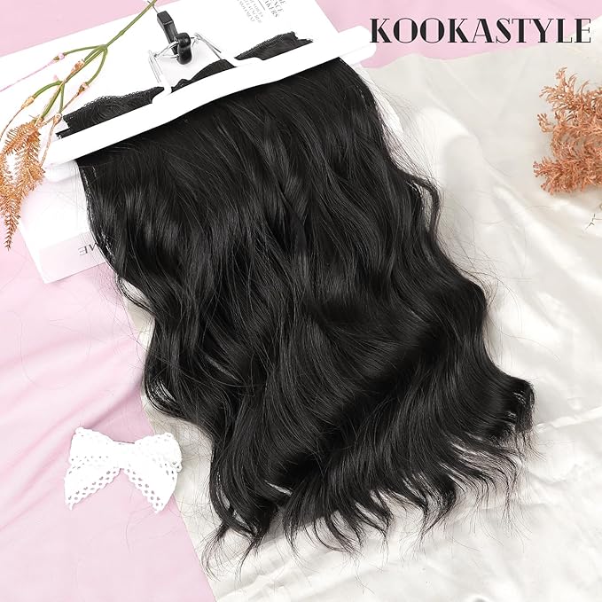 KooKaStyle Short Hair Extensions 6PCS 14 Inch Wavy Curly Hairpieces Synthetic Soft Lace Weft Clip in Hair Extensions-Black for Women