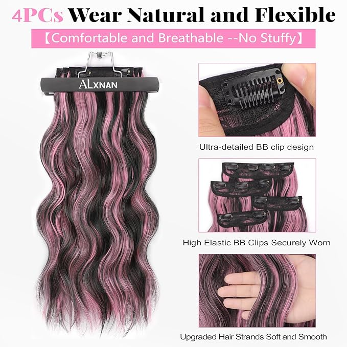 ALXNAN Clip in Long Wavy Synthetic Hair Extension 20 Inch Black Mix Pink Highlights 4PCS Thick Hairpieces Fiber Double Weft Hair for Women