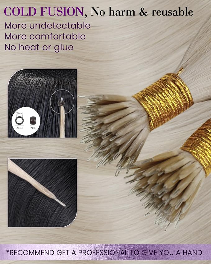 LaaVoo Nano Ring Hair Extensions Human Hair Platinum Blonde Nano Hair Extensions Human Hair for Long Hair 20IN 50s 50g