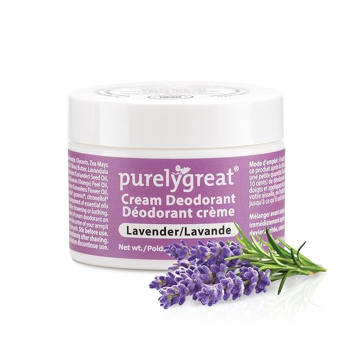 Purelygreat - Lavender Scented Cream Deodorant, Chemical-Free Hygiene Essentials for Women, Natural Deodorant for Men with Soda & Corn Starch, No Sticky Residue, Parabens & BPA, 1.76 oz / 50 g