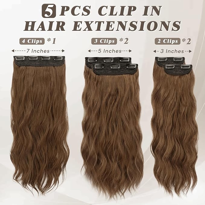 BARSDAR Brunette Clip in Hair Extensions - 20 Inch Wavy Clip in Hair Extensions for Women - 5PCs Thick Soft Synthetic Hairpieces Daily Party Halloween - Brunette