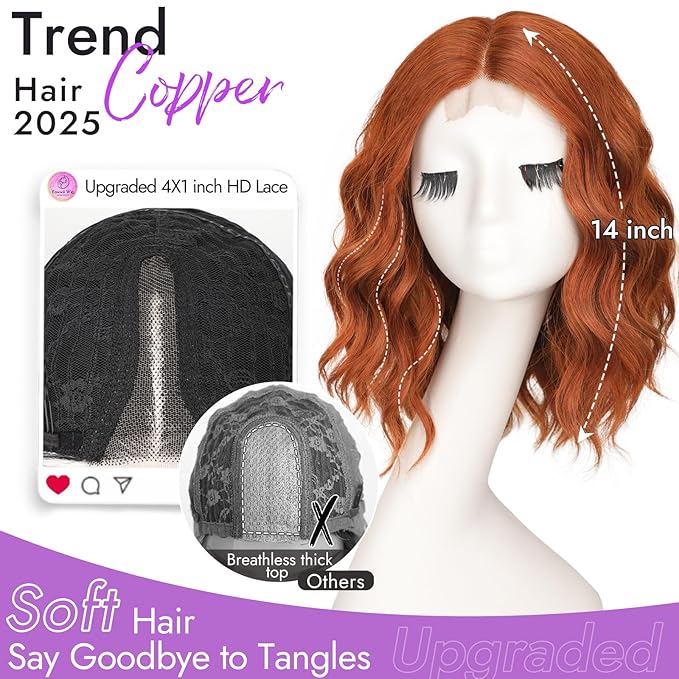 Copper Short Wavy Wig for Women Lace Hairline Bob Style Synthetic Heat Resistant - Natural Appearance for Everyday Hairstyle 14 Inch