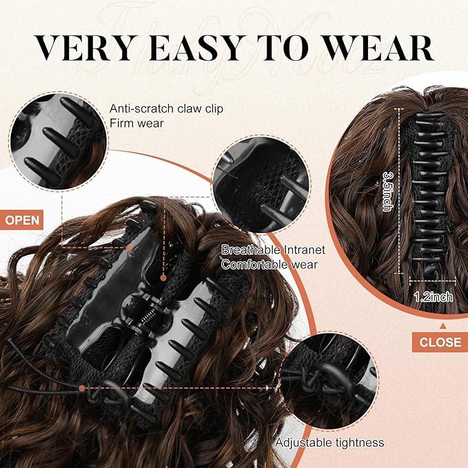 Flufymooz Ponytail Extension, 12" Short Claw Ponytail Extension Wavy Curly Jaw Clip in Pony tails Hair Extension Natural Synthetic Hairpiece for Women (Almond brown)