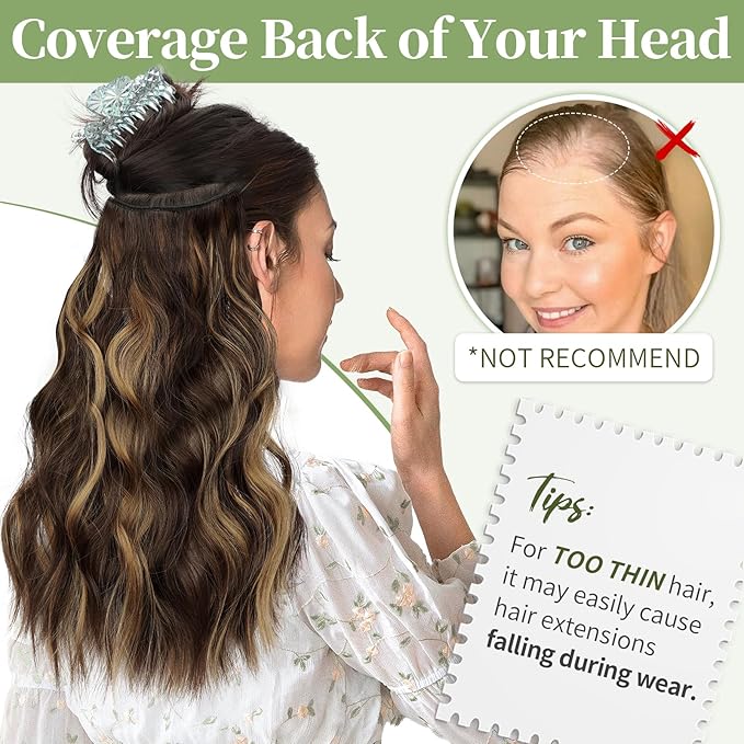 KooKaStyle Invisible Wire Hair Extensions with Transparent Headband Adjustable Size 4 Secure Clips Long Wavy Secret Wire Hairpiece for Women(16 Inch Chestnut Brown with Blonde Highlights)