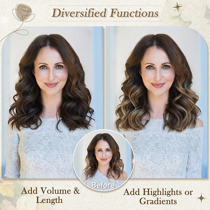 BARSDAR Clip in Hair Extensions - 12 Inch Short Wavy Highlight Hair Extensions for Women - 6PCs Thick Soft Synthetic Clip in Hairpieces Daily - Chocolate Brown with Highlights