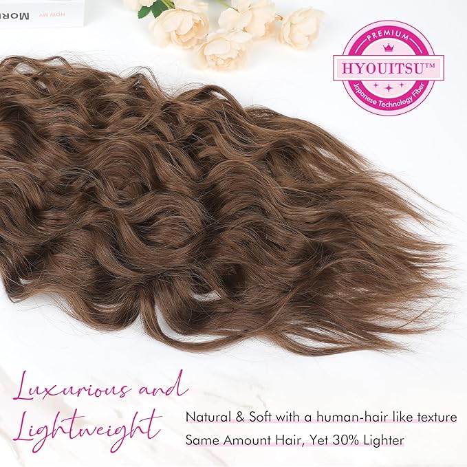 REECHO Clip in Hair Extensions, 4PCS Hair Extensions 24" Thick Long Beach Waves hair extensions HE003 Invisible Lace Weft Natural Soft Hairpieces for Women (Ginger Brown)