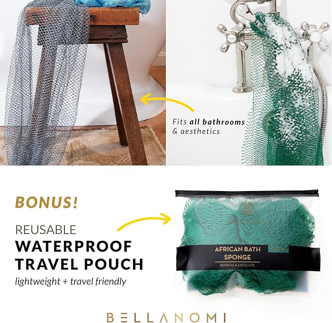 BELLANOMI 4 Piece African Exfoliating Net Sponge Long African Bath Sponge, Authentic Ethically Sourced from Nigeria, Great for Daily Use (Pink, Indigo, Seafoam, Blush)