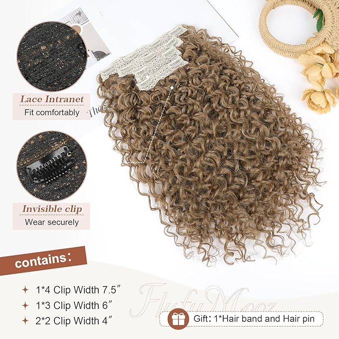 Clip in Hair Extensions, FLUFYMOOZ 4PC 100％ Pure Protein Silk Hair Extensions Long Soft Natural Hairpiece 20 Inch Curly Hair Extension for Women Deep Dirty Blonde