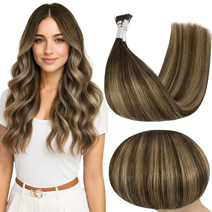 Full Shine Itip Human Hair Extensions 20 Inch 50 Grams Brown to Honey Blonde and Brown Itip Human Hair Extensions Long Straight Remy Hair for Women add Length