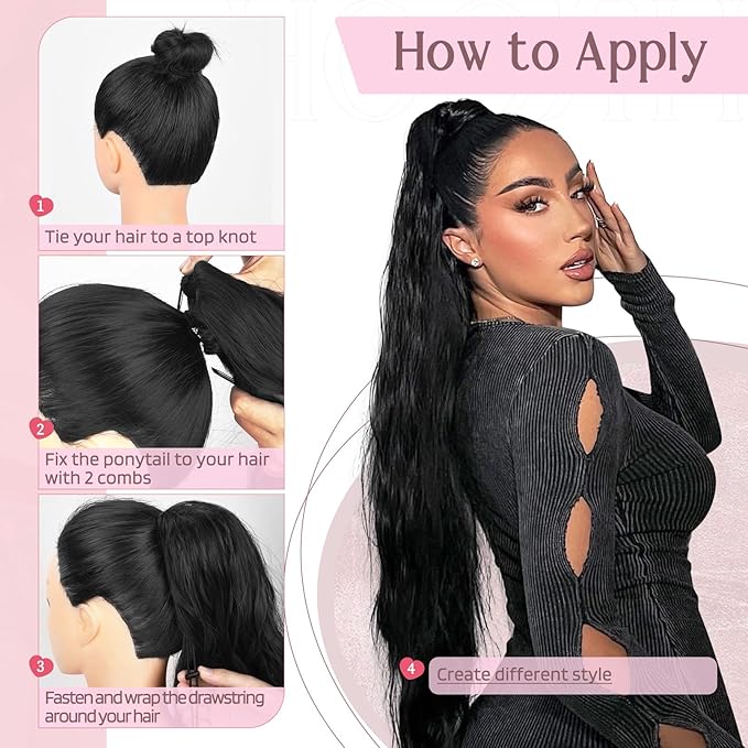 HOOJIH Ponytail Extension, 34 Inch Extra Long Drawstring Ponytail Black Brown Pony Tails Hair Extension Flurry Wavy Ponytails Soft Upgraded Synthetic Fiber Fake Ponytail Hairpiece for Women