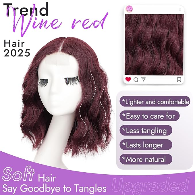 Wine Red Short Wavy Wig for Women Lace Hairline Bob Style Synthetic Heat Resistant - Natural Appearance for Everyday Hairstyle 14 Inch