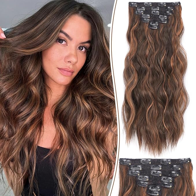 KooKaStyle Hair Extensions, 7PCS Clip in Hair Extension, 20 Inch Auburn Mix Chestnut Long Wavy Natural Soft Thick Hairpieces for Women