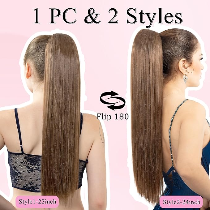 Ponytail Extension, 24" Long Straight Claw Clip Ponytail Extension clip on ponytails hair clip Hair claw clip Fake Ponytail Hairpieces for Women – Chestnut Brown