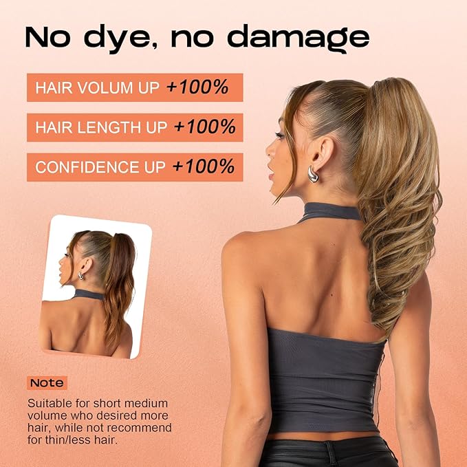 SEIKEA Ponytail Extension, 18" Wavy Claw Clip in Hair Extensions for Women, Lightweight Fluffy Synthetic Ponytail Hairpiece, Natural Soft & Easy to Wear, for Short & Medium Hair Brown/Golden Highlight