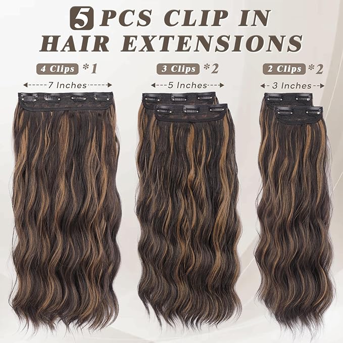 BARSDAR Wavy Clip in Hair Extensions - 20 Inch Highlight Clip in Hair Extensions for Women - 5PCs Thick Soft Synthetic Loose Wave Balayage Extensions Hairpieces – Dark Brown with Highlights