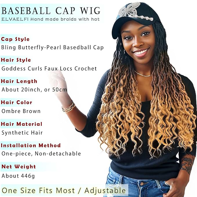 Bling Butterfly Cap w/20 inch Goddess Curls Faux Locs Crochet Hair Extensions, Ombre Brown Wigs with Curly Ends