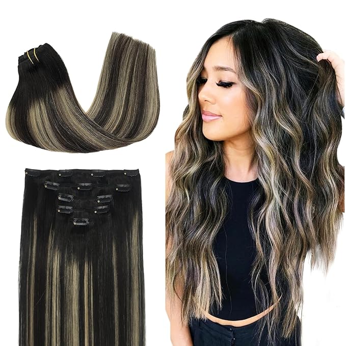 DOORES Human Hair Extensions Clip in, 5pcs 80g Natural Black to Light Blonde Balayage 18 Inch Real Clip in Hair Extensions Straight Hair Extensions