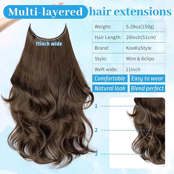 KooKaStyle Invisible Wire Hair Extensions Long Wavy Layered Synthetic Hair Extensions with Transparent Wire Adjustable Size 6 Secure Clips Medium Ash Brown Hairpieces for Women 20 Inch