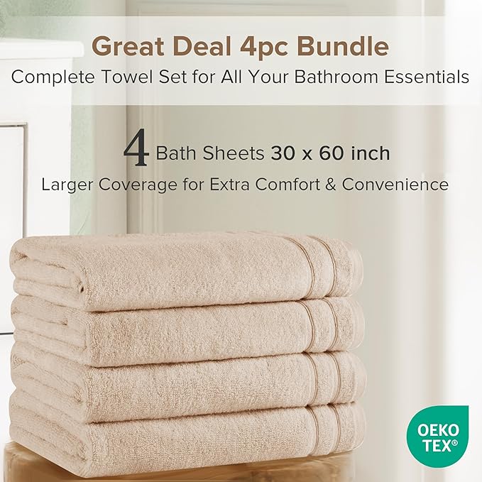 Comfort Spaces Extra Large Bath Towel Set of 4 Piece 30x60 Bath Sheet Set Shower Towel Beach Towel 100% Cotton Bathroom Towel Set Quick Dry Oversized Highly Absorbent Soft 400GSM Beige Tan Dual Layer