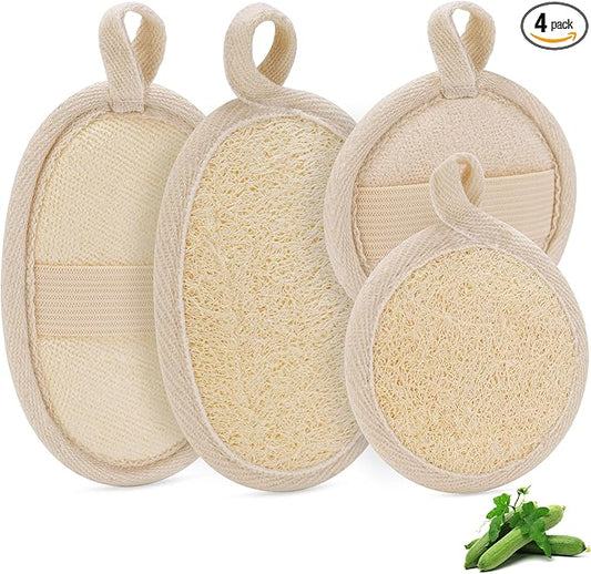 Natural Loofah Sponge Exfoliating Body Scrubber (2Pcs), Loofah Exfoliating Facial Scrubber(2Pcs), Made of Natural Luffa and Terry Cloth, Suitable for Bath Shower Loofah Sponge on Body and Face