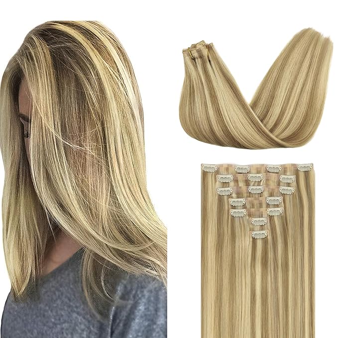 GOO GOO Clip in Hair Extensions Real Human Hair, Remy Human Hair Extensions Clip ins for Women, Natural Human Hair, 24inch 120g 7Pcs, 16/22 Light Blonde Highlighted Golden Blonde