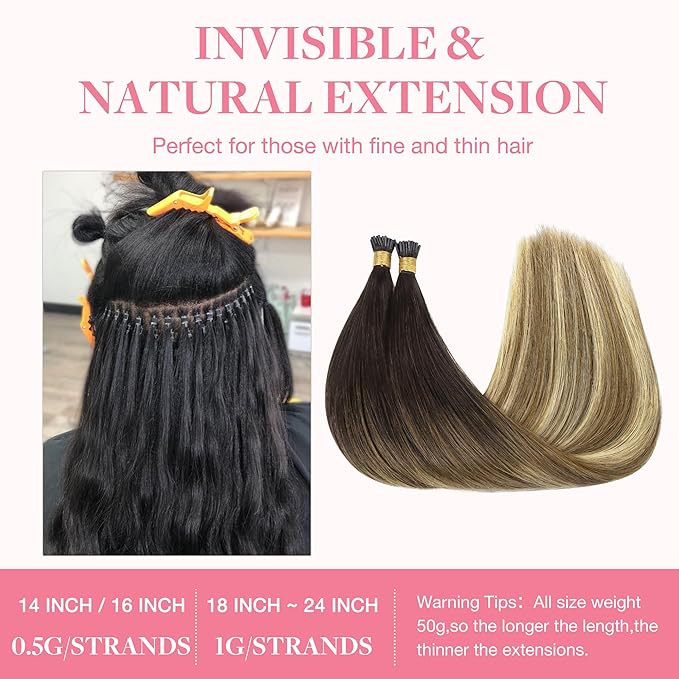 GOO GOO I Tip Hair Extensions, Real Human Hair, 14inch 50g 100S, Cold Fusion I Tip, Invisible Remy, 2/6/18 Balayage Brown to Dirty Blonde