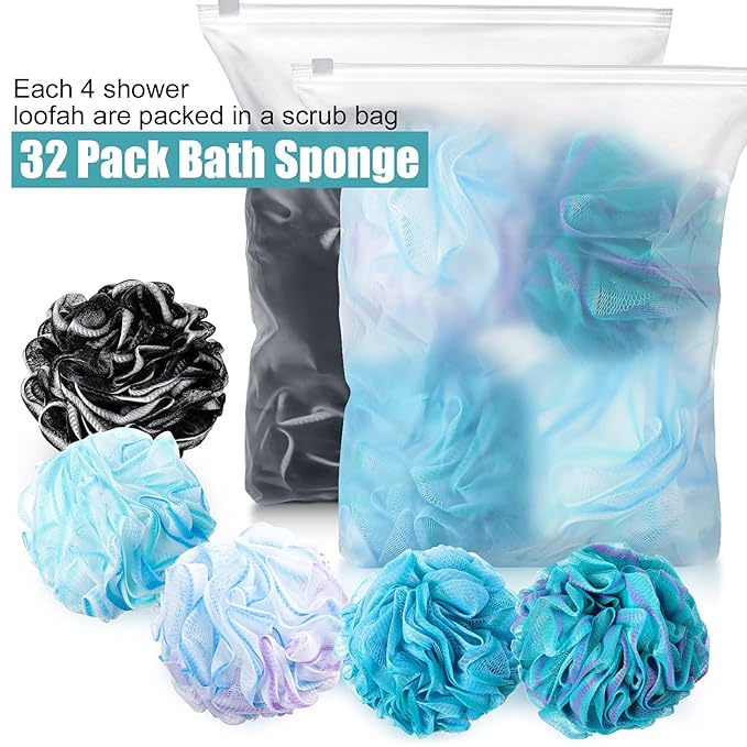 Shellwei 32 Pcs Bath Sponge Shower Loofahs Bulk 60 g Charcoal Body Shower Large Mesh Puff Soft Scrubber for Men and Women Exfoliating Pouf Balls with Bathing Accessories