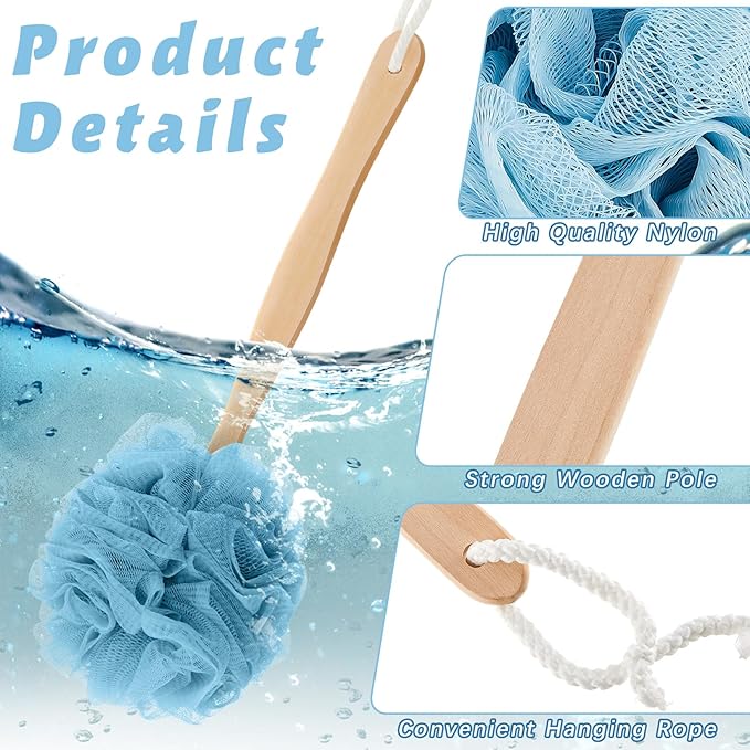 LemonRoad 16 Pcs Large Bath Body Back Brush Loofah on a Stick with Long Handle Back Scrubber for Shower PE Body Bath Sponge Soft Spa Mesh Brush Wash Exfoliating Luffas for Men Women
