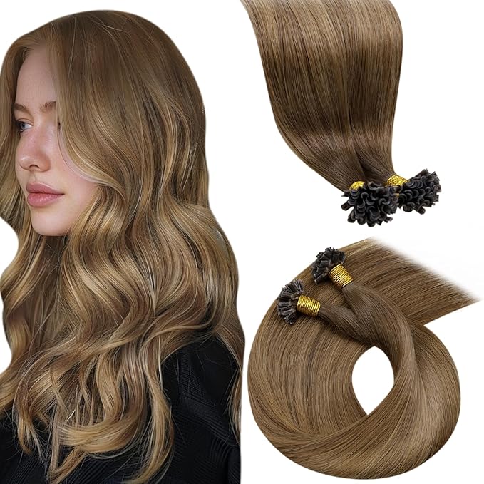 LaaVoo Utip Hair Extensions Human Hair Ombre Brown to Light Brown Mix Golden Brown K Tip Hair Extensions Real Human Hair Nail Tip 20 Inch 50g/s