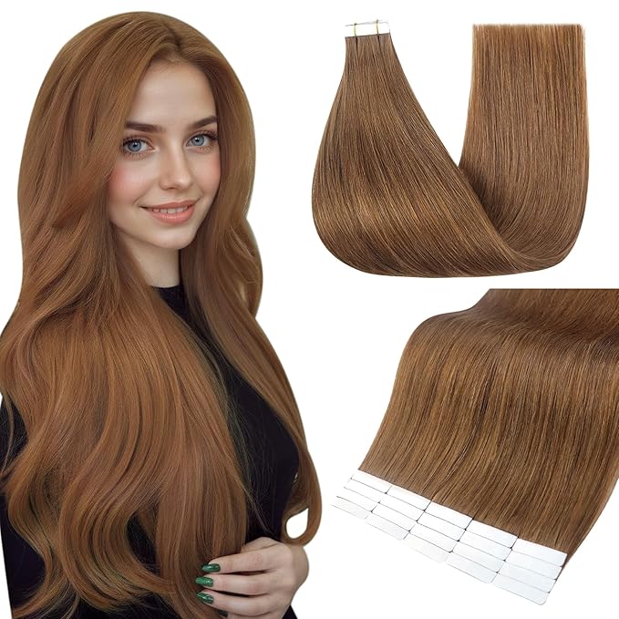 Full Shine Invisible Tape in Hair Extensions Human Hair Color 330 Auburn 18 Inch Remy Hair Extensions Tape ins Double Sided Seamless Skin Weft Human Hair Tape in Extensions 50g 20PCS