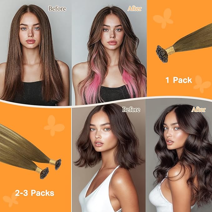 Doores Keratin Tip Extensions, Medium Brown Highlighted Dirty Blonde 24 Inch 50g/50s, Remy Hair Extensions, U Tip Hair Extensions Human Hair
