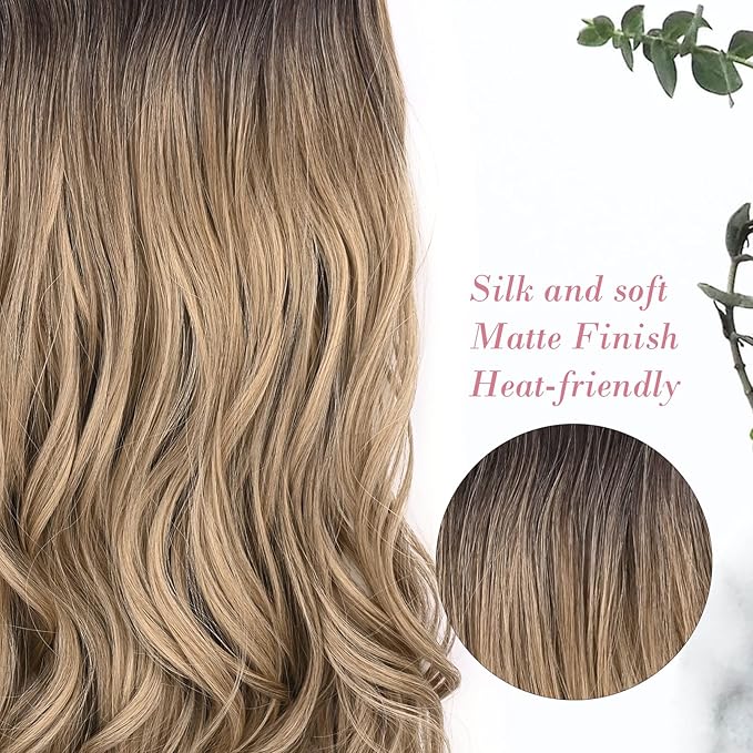 REECHO 20" 1-pack 3/4 Full Head Curly Wave Clips in on Synthetic Hair Extensions HE008 Hair pieces for Women 5 Clips 4.5 Oz Per Piece - Dark Brown to Ash Blonde