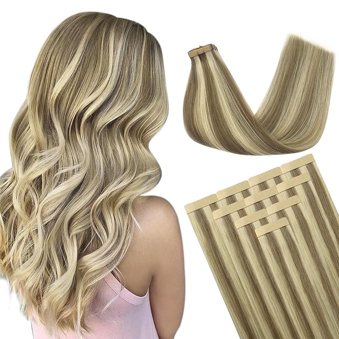 DOORES Tape in Hair Extensions, Light Brown Highlighted Medium Blonde 18 Inch 25g 10pcs, Hair Extensions Tape in Remy Straight Hair Skin Weft for Women