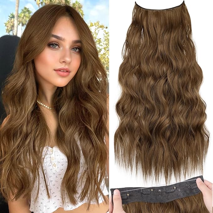 KooKaStyle Invisible Wire Hair Extensions with Transparent Wire Headband Adjustable Size 4 Secure Clips Long Wavy Hairpiece 24 Inch 10/12B#COCOA# for Women