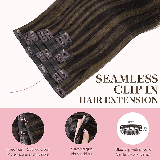 GOO GOO Clip in Hair Extensions Real Human Hair, Remy Human Hair Extensions Clip ins for Women, Natural Human Hair, 22inch 160g 7 Pcs, #2/6 Dark Brown Highlighted Chestnut Brown