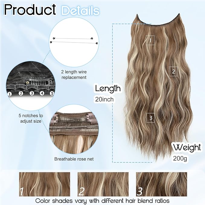Brown Mixed Blonde Invisible Wire Hair Extensions Long Wavy Synthetic Hairpiece with 4 Secure Clips for Women 20 Inch Clip in Hair Extensions