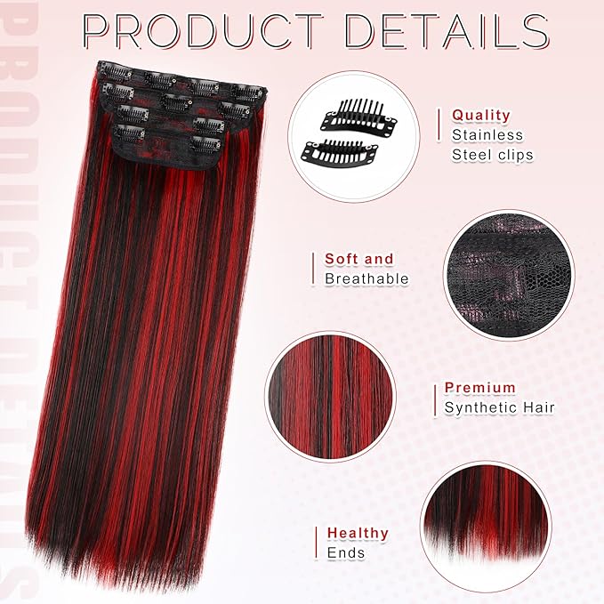 Vigorous Clip in Hair Extensions Straight 4Pcs Black Mix Red Highlights Hair Extension 22 Inch Soft Full Head Weddings Party Daily Use for Women