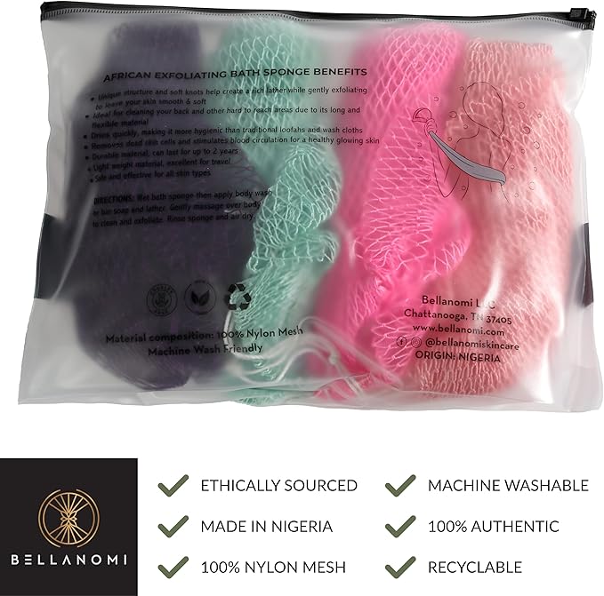 BELLANOMI 4 Piece African Exfoliating Net Sponge Long African Bath Sponge, Authentic Ethically Sourced from Nigeria, Great for Daily Use (Pink, Indigo, Seafoam, Blush)