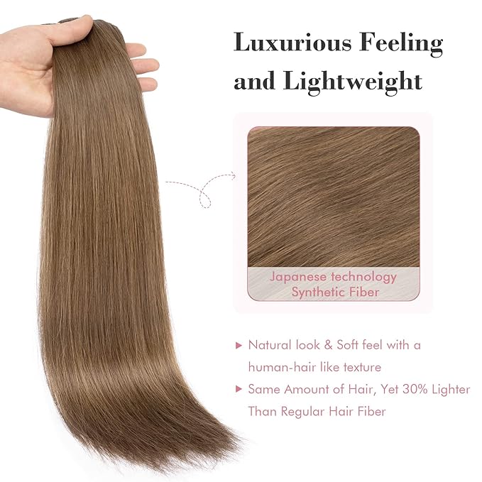 REECHO Clip in Hair Extensions, Hair Extensions Thick Long Lace Weft Lightweight Synthetic Hairpieces for Women (24 Inch-240 Gram(Pack of 5), Light Chestnut Brown)