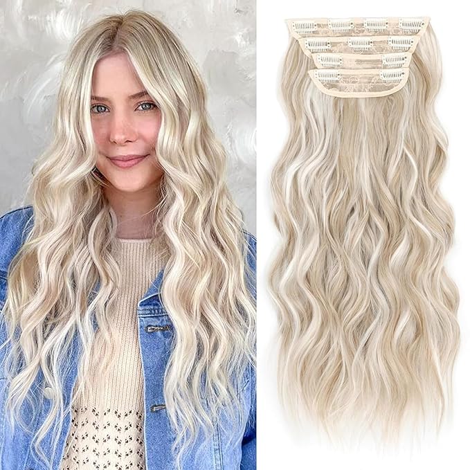 ALXNAN Clip in Long Wavy Synthetic Hair Extension 20 Inch Ash Blonde Mix Highlights 4PCS Thick Hairpieces Fiber Double Weft Hair for Women