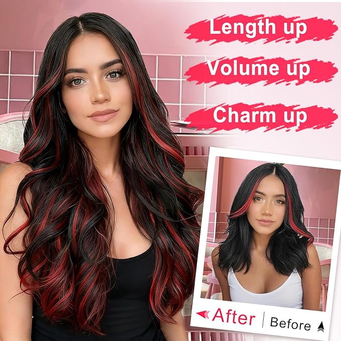 ALXNAN Long Wavy Hair Extensions for Women, Clip in Hair Extensions Clip Ins Soft Full Head Synthetic Hairpieces 20 Inch Black Mix Rose Pink Highlights