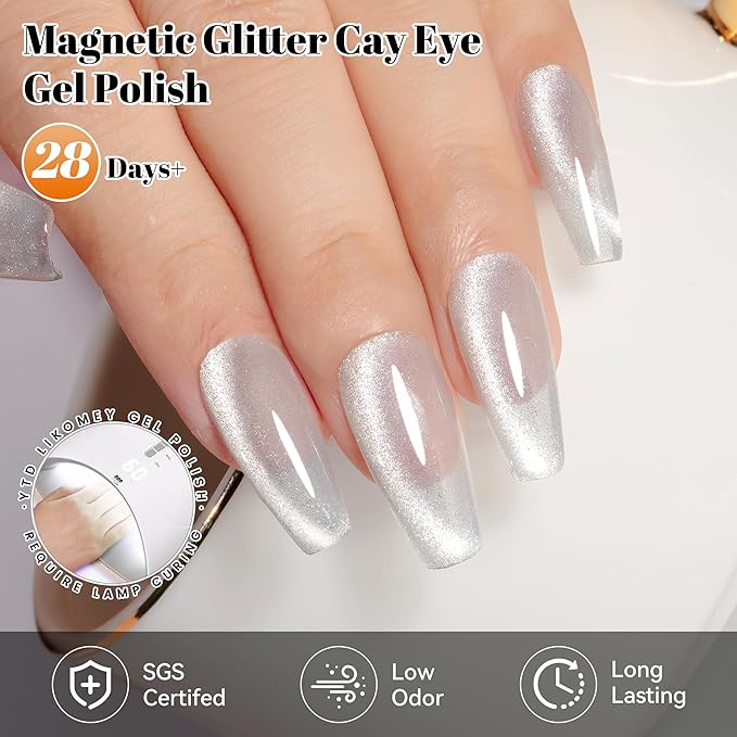 YTD Likomey Cat Eye Gel Nail Polish,Crystal 15ml Silver Magnetic Shimmer Shimmer Glitter Translucent Jelly Shiny Fall Winter Salon Home UV Nail Varnish with Magnet Stick,HEMA Free TPO Free,MY517