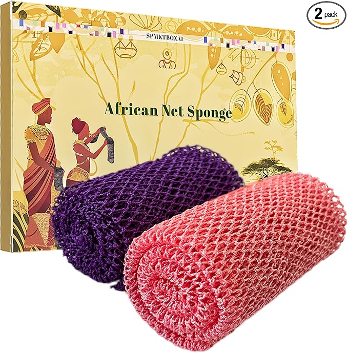 African Net Sponge Authentic, 2 Pieces African Exfoliating Sponge Real African Net Black Owned, African Bath Sponge Back Scrubber, Body Exfoliator Shower Bath Accessories (Purple, Pink)