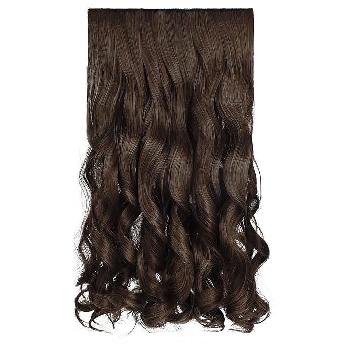 REECHO 20" 1-Pack 3/4 Full Head Curly Wave Clips in on Synthetic Hair Extensions HE008 Hairpieces for Women 5 Clips per Piece-Dark Brown with Copper Highlights