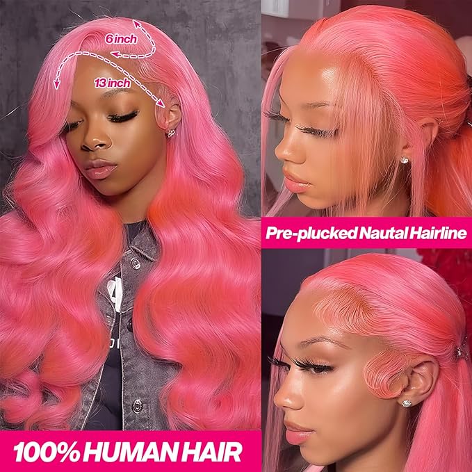 Pink 13x6 Lace Front Wigs Human Hair Body Wave Pink Human Hair Wigs for Women 200% Density Glueless HD Transparent Lace Frontal Wigs Pre Plucked 34 Inch