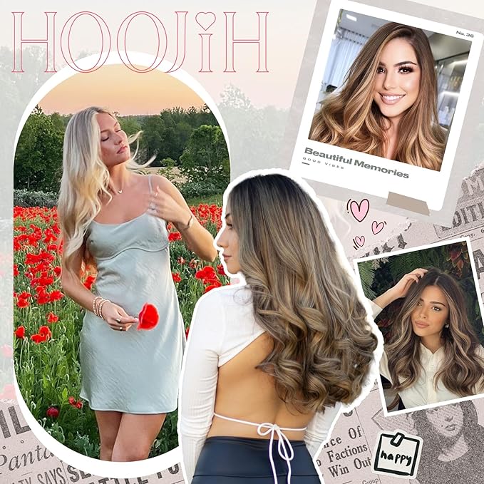 HOOJIH Clip in Hair Extensions 4PCS 14" Short Curly Clip on Hair Extensions Invisible Lace Weft Natural Soft Hairpieces for Women - Light Brown with Blonde Highlights