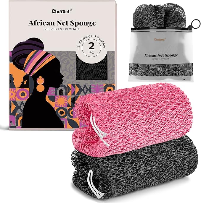 CORATED African Net Sponge Authentic, Shower Loofah Exfoliating Bath Sponge, Body Scrubber for Women and Men Daily Use Body Care, Travel Portable, Durable Bath Accessories for Bathroom (Black & Pink)