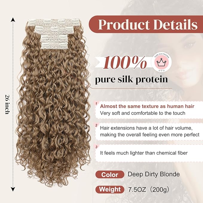 LONAI 4PC Clip in Hair Extensions, 100％ Pure Protein Silk Curly Hair Extension for Women, 26 Inch Long Soft Natural Hair Extensions-Deep Dirty Blonde