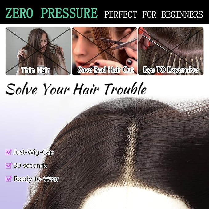 AISI HAIR 14 Inch Brown with Blonde Highlight Wigs for Women - Shoulder Length Wave Wig with Pre-Cut Lace Hairline, Middle Part Natural Wavy Bob Synthetic Heat Resistant Fiber for Daily and Party