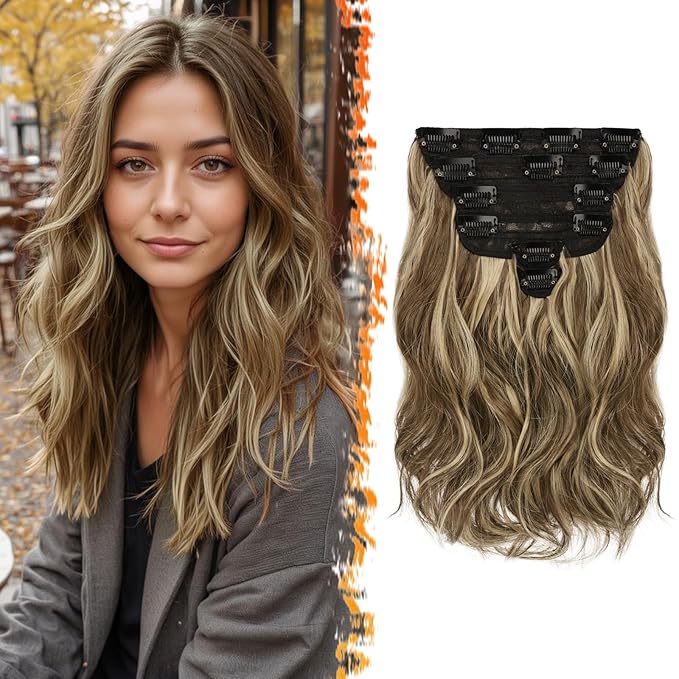 BARSDAR Highlight Clip in Hair Extensions - 12 Inch Short Wavy Synthetic Clip in Hairpieces for Women - 6PCs Full Head Thick Daily Party Medium Brown & Blonde